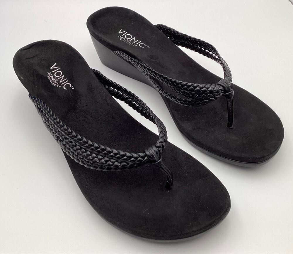Vionic Ramba Black Braided Wedge Sandals Thong‎ Flip Flop Orthaheel Womens sz 11